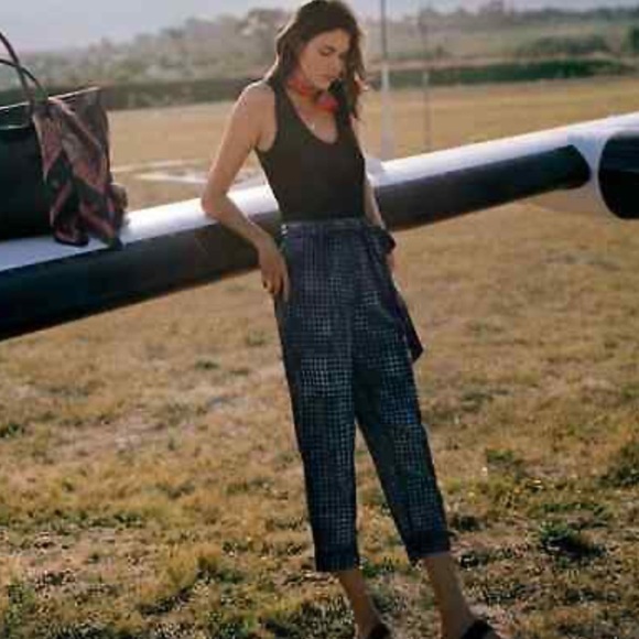 Anthropologie Maeve Avryl Bleached Slim Blue Checkered Plaid Pants - Picture 4 of 8